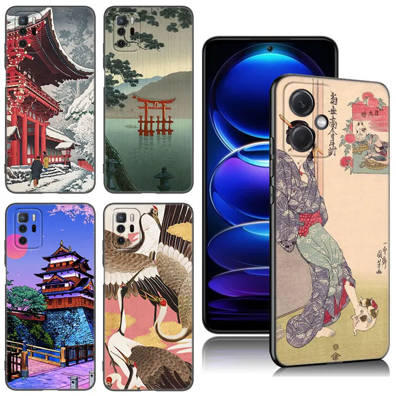 Ukiyo-e Japanese Style Art Black Silicone Phone Case For Xiaomi Redmi Note 10 11 11S 12 13 4G 8 9 11T Pro 5G Plus 8T 9S 10S 12S