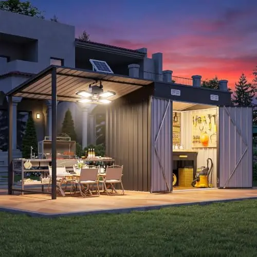 6x4FT Outdoor Storage Shed & Hardtop Gazebo with Solar Shed Lights | 12x4FT Metal Lean to Shed with Pergola, 2-in-1
