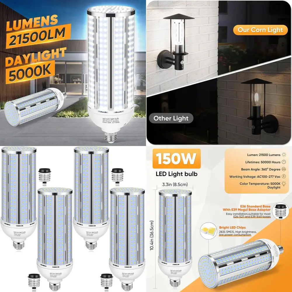 

Светодиодная лампа 150 Вт, 5000K, дневной свет, без вентилятора, 21500 лм, цоколь E26/E39, для использования в помещении и на улице