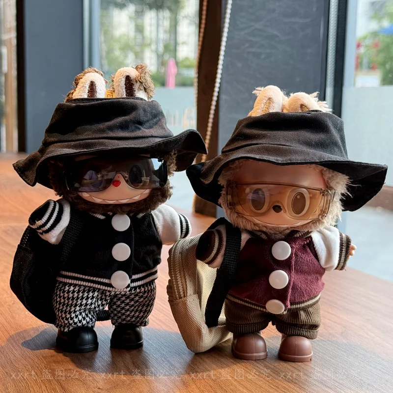 

17cm Labubu 1-3 Gen Doll Outfits | Buttoned Jacket Pants Fisherman Hat Windproof Goggles & Backpack | Clothes for Labubu