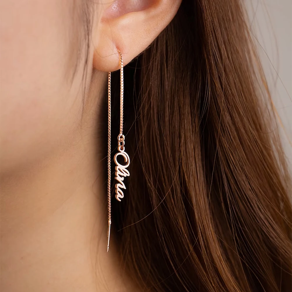 Boucles d'oreilles pendantes avec nom personnalisé pour femmes, boîte en acier inoxydable, chaîne, bijoux de demoiselle d'honneur, cadeau de mariage, 2023