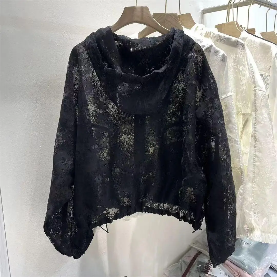 Chaqueta de protección solar con cremallera elegante de encaje para mujer, chaquetas de primavera y verano, abrigo holgado, prendas de vestir Retro