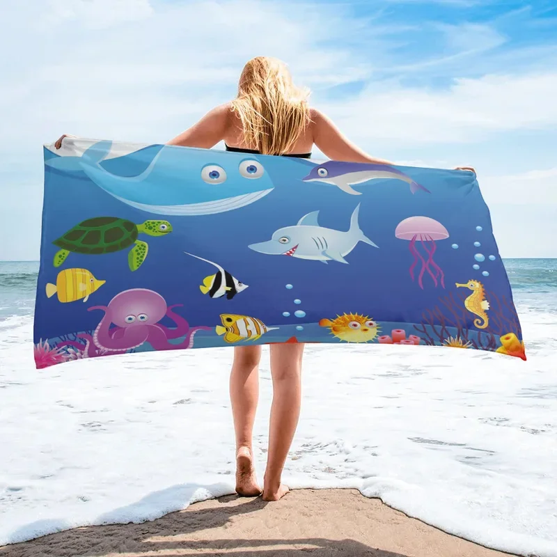 Toalha de banho subaquática World Microfiber Quick Dry Swimming Cover, Ocean Theme Beach Towel, Camping and Yoga Mat, World Fish Dolphin