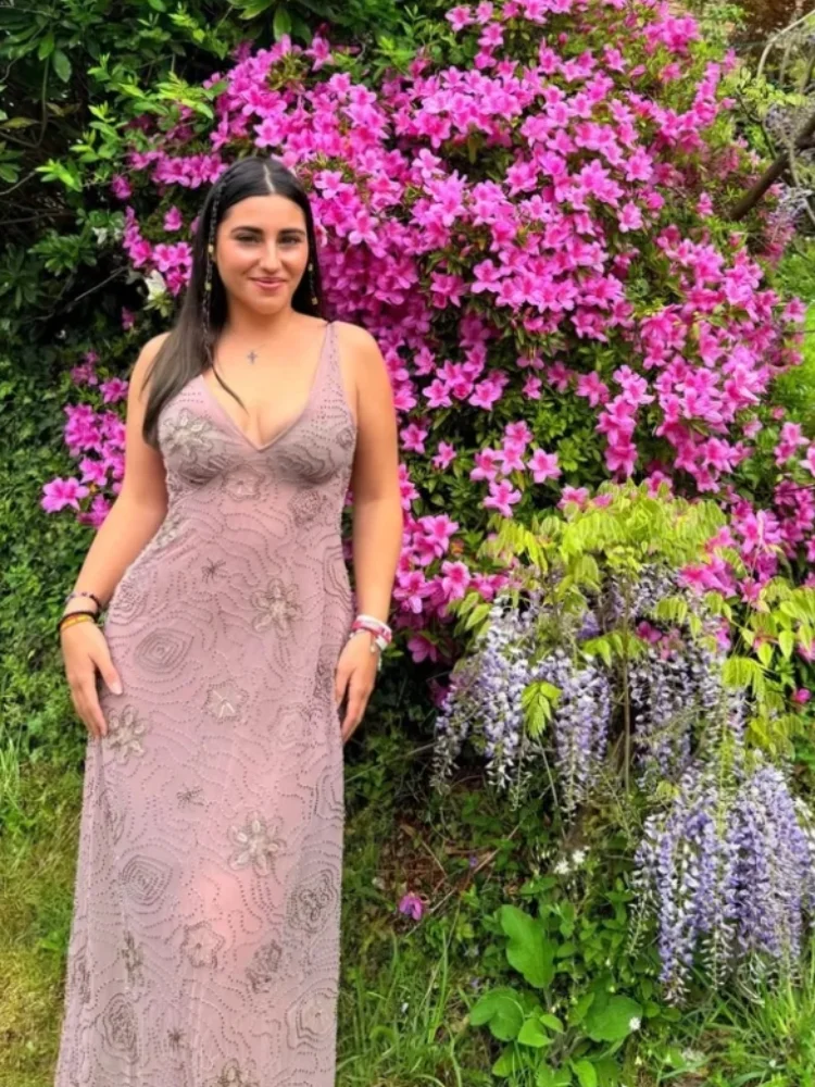 

2025 Summer New Women Sexy Beading Embroidery Sling Dress Sequins Sleeveless V-neck Ruffle Shiny Party Beach Robes Lady Dresses