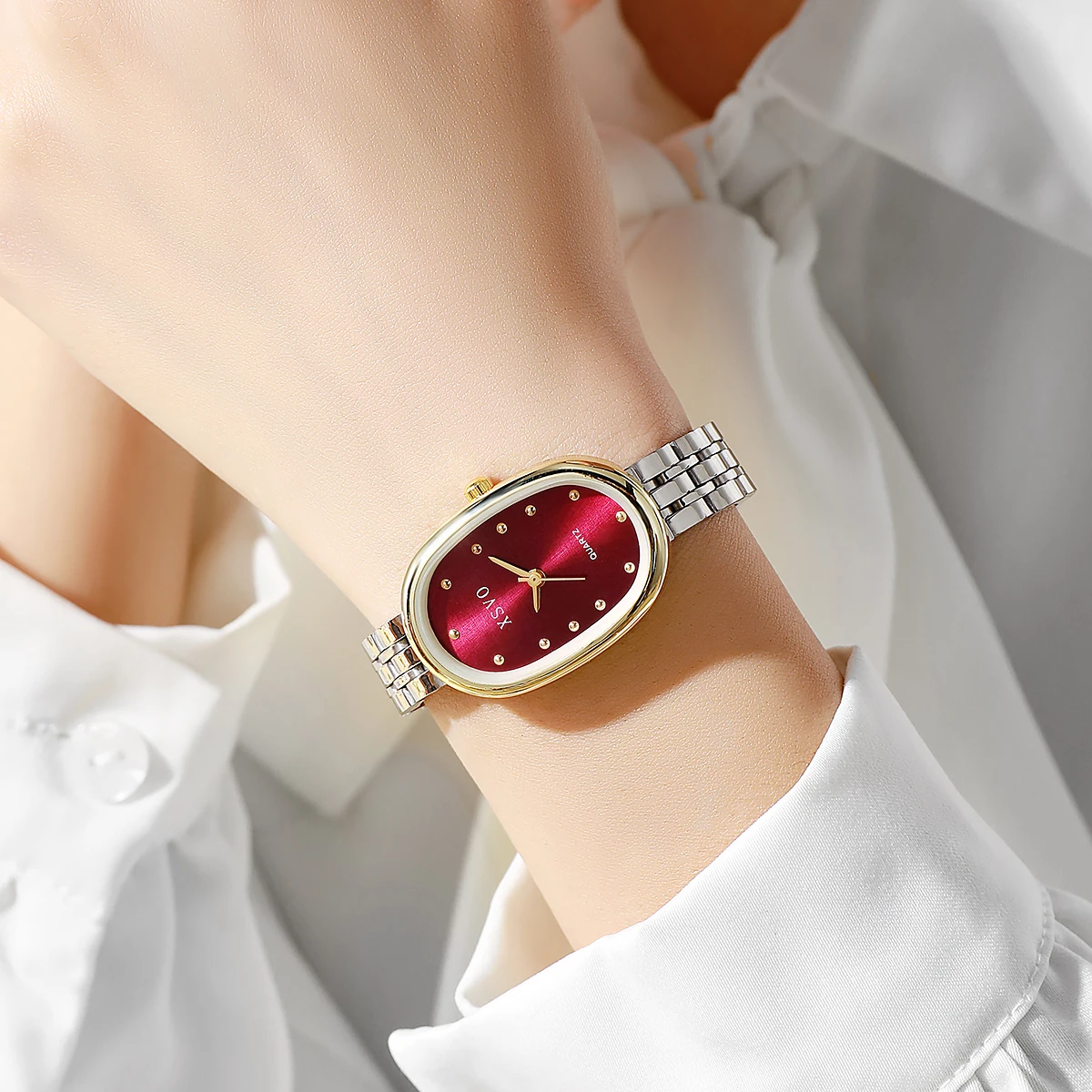 

Элегантные женские часы XSVO - двухцветный браслет из нержавеющей стали, красный градиентный циферблат с золотыми вставками, роскошные кварцевые наручные часы
