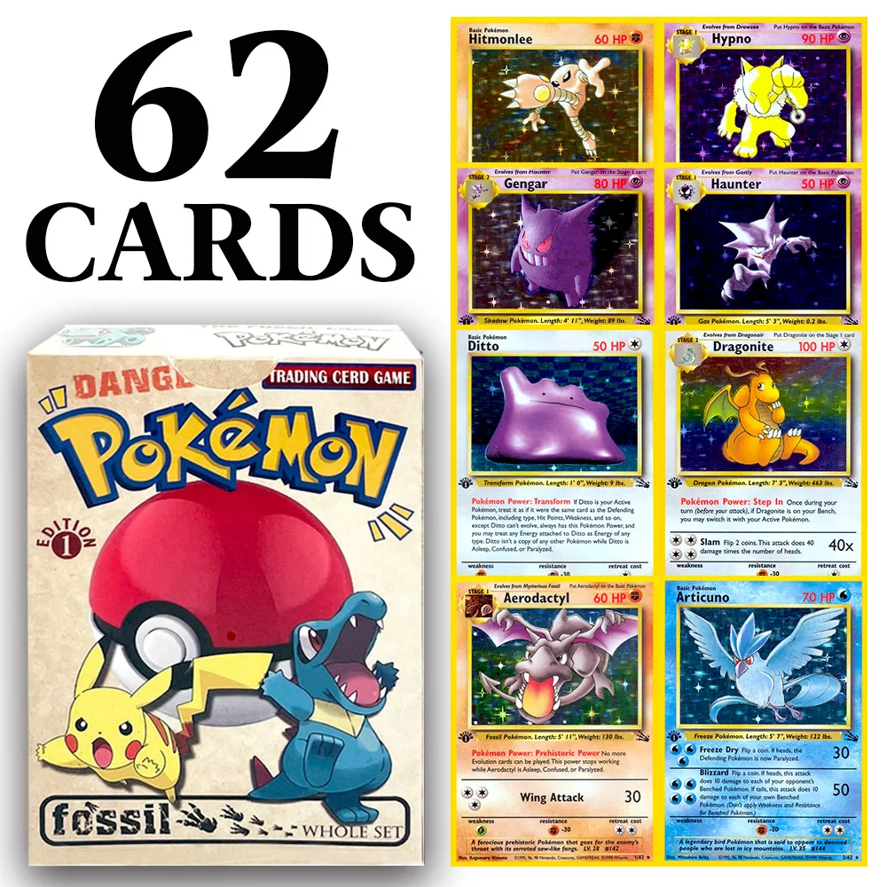 

62 шт. PKM весь набор PTCG-Fossil Set Коллекция Прокси-карты Игровые игрушки содержит аэроктиль Articuno Ditto Dragonite Gengar Haunter