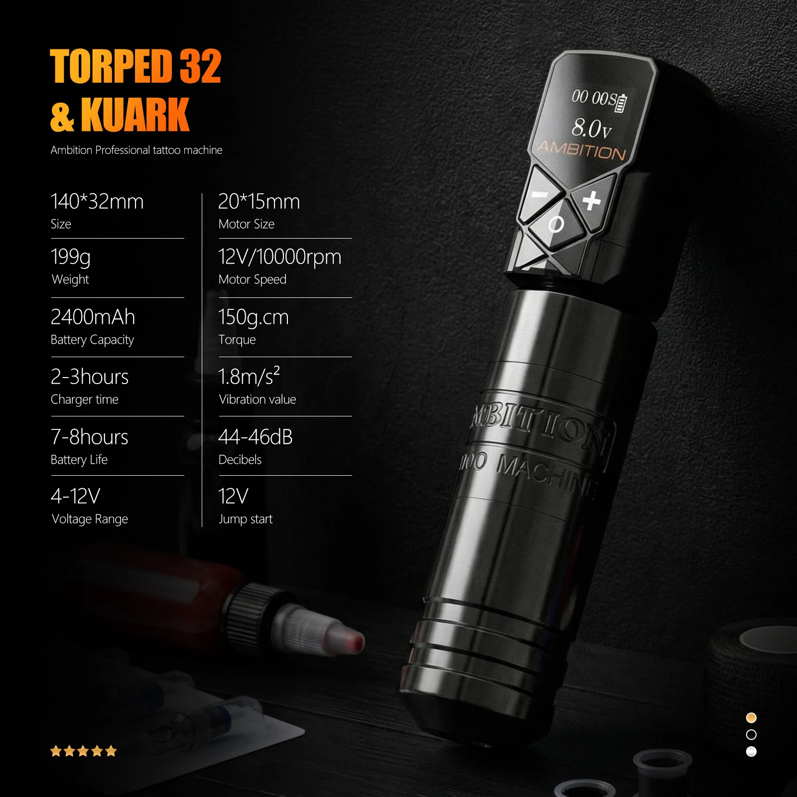 Ambition Torped 32mm Tattoo Machine Set 4.0-4.5-5.0mm Stroke Brushless Motor Rotary Pen RCA Kuark Wireless Battery 2400mAh