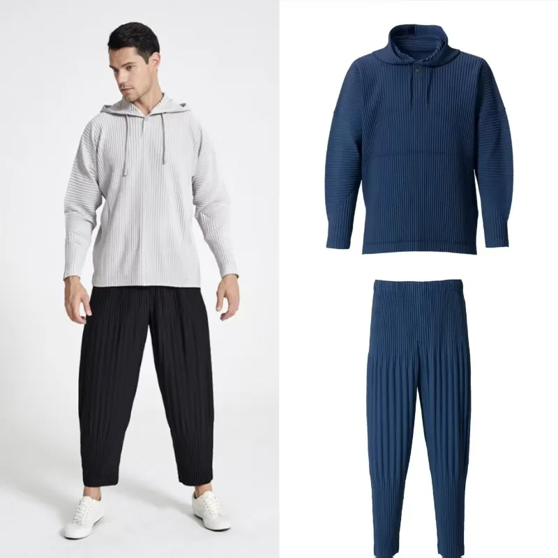 

Miyake Pleated Men's Suit 2025 Fall New Hooded Loose Top + Slim Harlem Pants Business Casual Personality Pleats Men Clothing