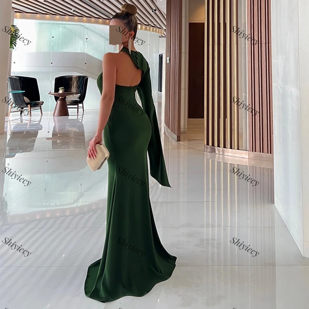 Fashion Mermaid Evening Dress Saudi Arabia Women One Shoulder Prom Dress Green Sweep Train Floor Length Special Occasions Dress