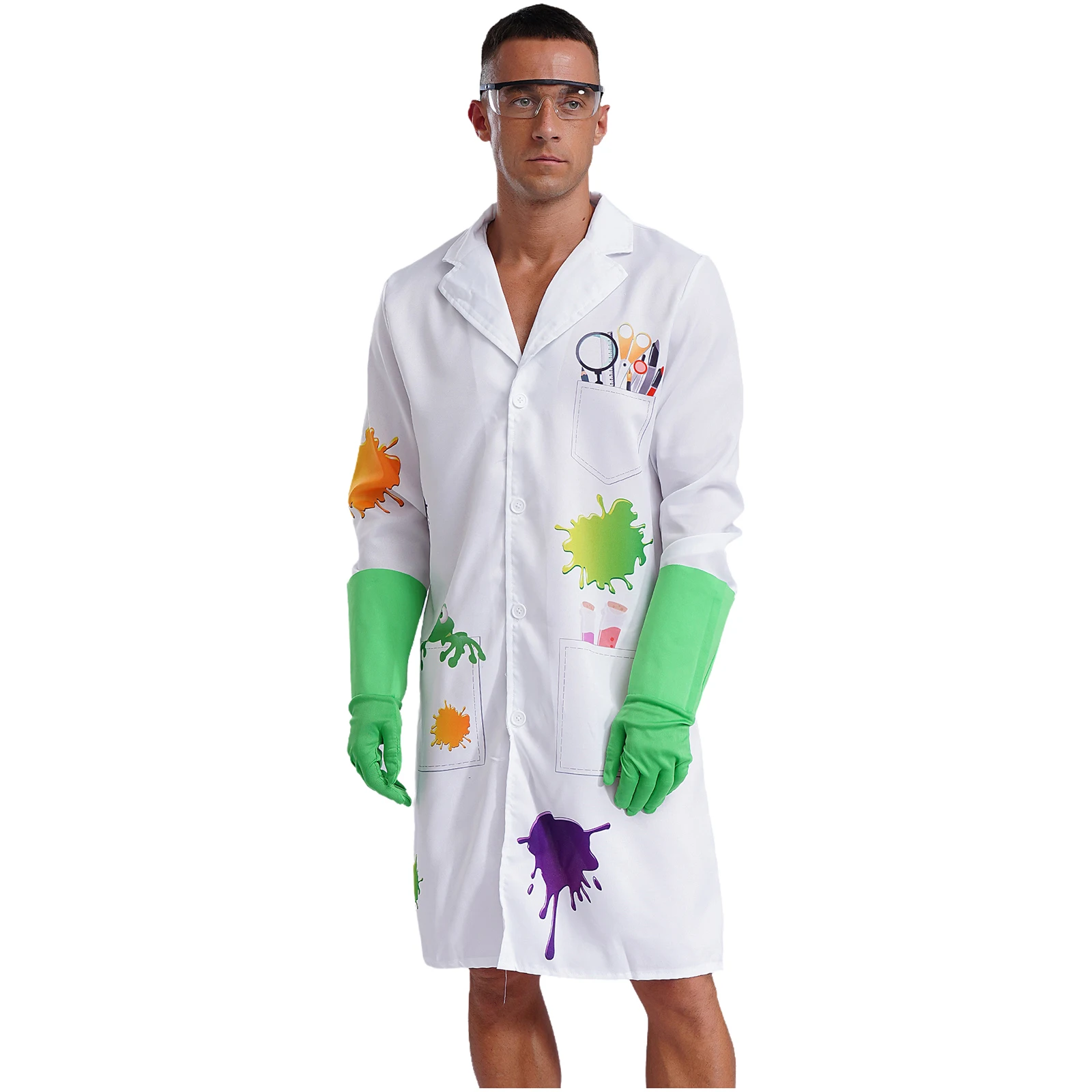 Mens 3-piece Mad Scientist Costume Set Adult Halloween Crazy Scientist Graffiti Lab Coat Glasses Gloves Physicist Costumes