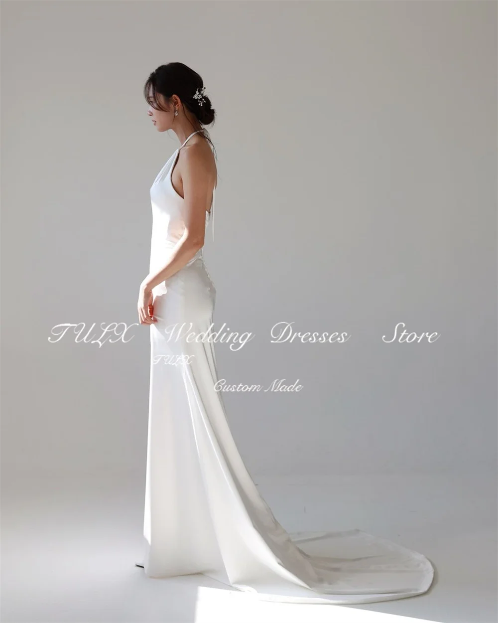 TULX Semplice Halter Senza Maniche Corea Matrimonio Servizio Fotografico Abito Sirena Lungo Sweep Treno Corsetto Donne Abiti da Sposa Personalizzato 2025