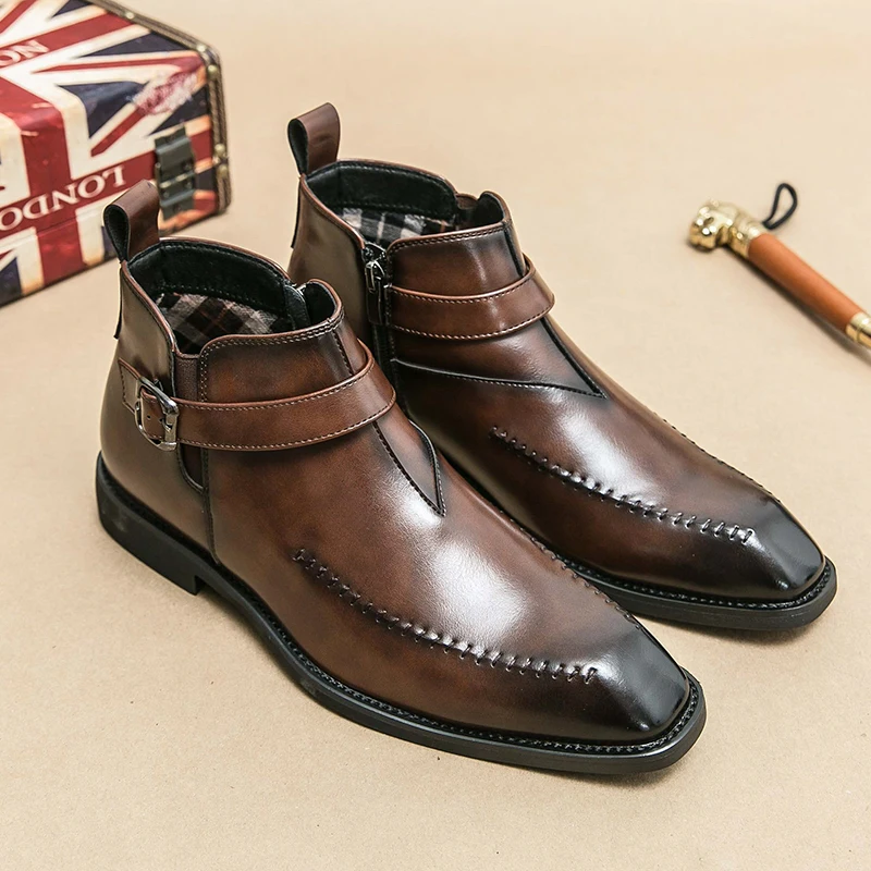 Business Men Chelsea Boots Dark Brown Side Zipper High-top Casual Comfortable Fashionable Ankle Boots Size 38-46 Men Boots
