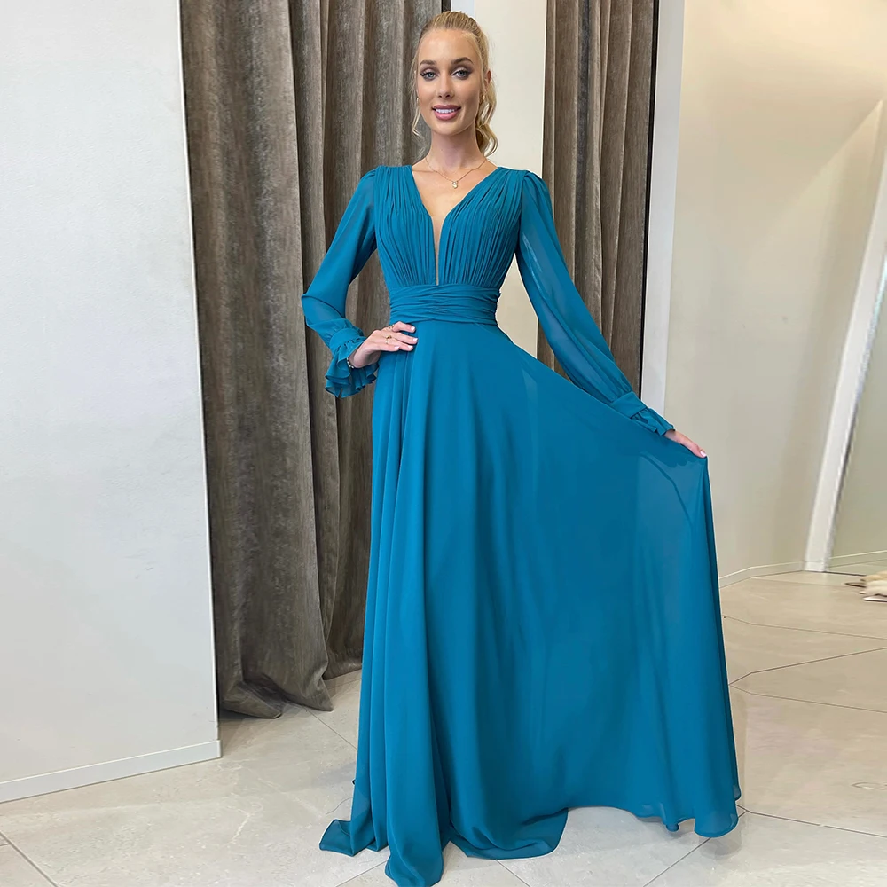 

Wedding Guest Dress Classic Dark Royal Blue Chiffon Pleat Ruched Women's Evening Gowns A-line V-neck Formal Dress 2024