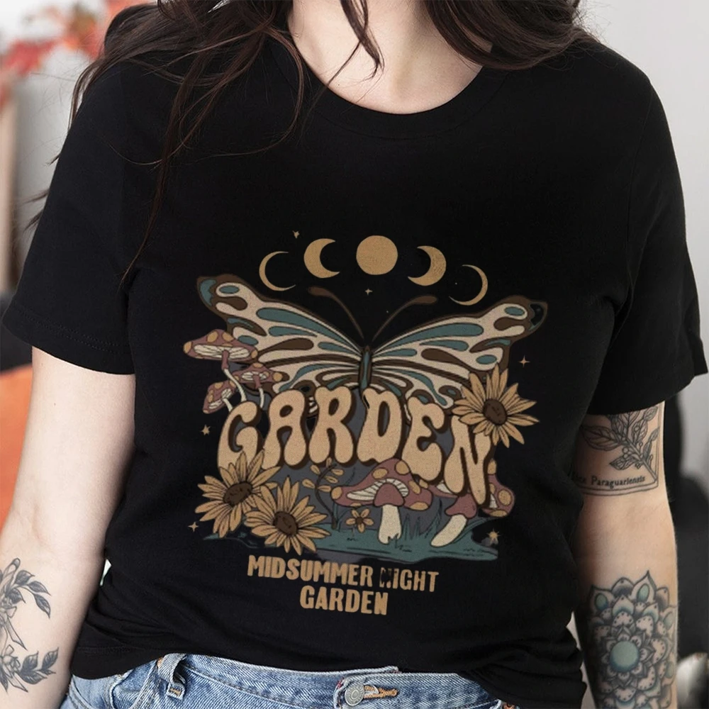 

Midsummer Night Garden Boho Graphic T-Shirt Vintage Style Tee with Butterfly Mushroom Sunflowers Moon Phases for Nature Lovers
