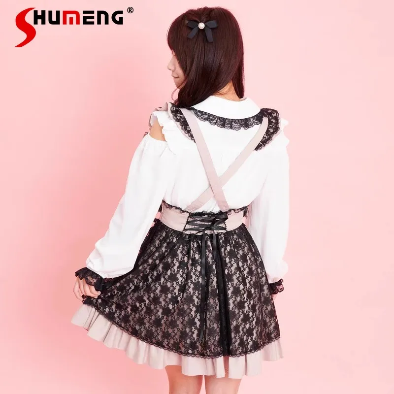 Japanese Sweet Lace Stitching Short Suspender Skirt for Women Lolita Fairy High Waisted Heart Buckle Strap Mini Skirts Ladies