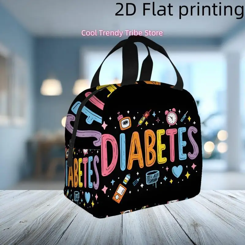 1pc, Vibrant "DIABETES" Text with Colorful Medical Icons on a Black Background Printed Insulated Cooler Bag - Reusable Portable view 3