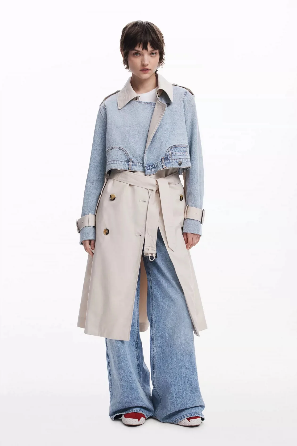 

Europe, America, Spain Original Single New Retro Cowboy Splicing Long Coat Designer Collection Waist Collar