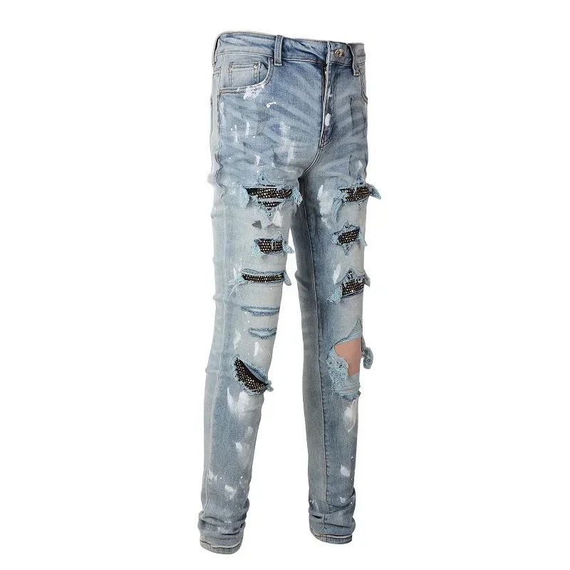 

Men Crystal Skinny Stretch Denim Jeans Streetwear Holes Ripped Distressed Pants Painted Patchwork Trousers