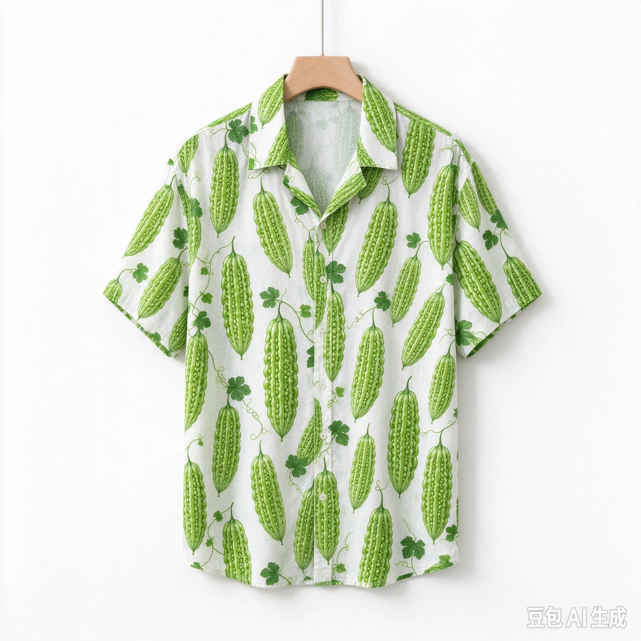 Unisex Bitter Melon All Over Print Short Sleeve Shirt, Men Women Lapel Button Down Hawaiian Shirt, Summer Beach Vacation Loose