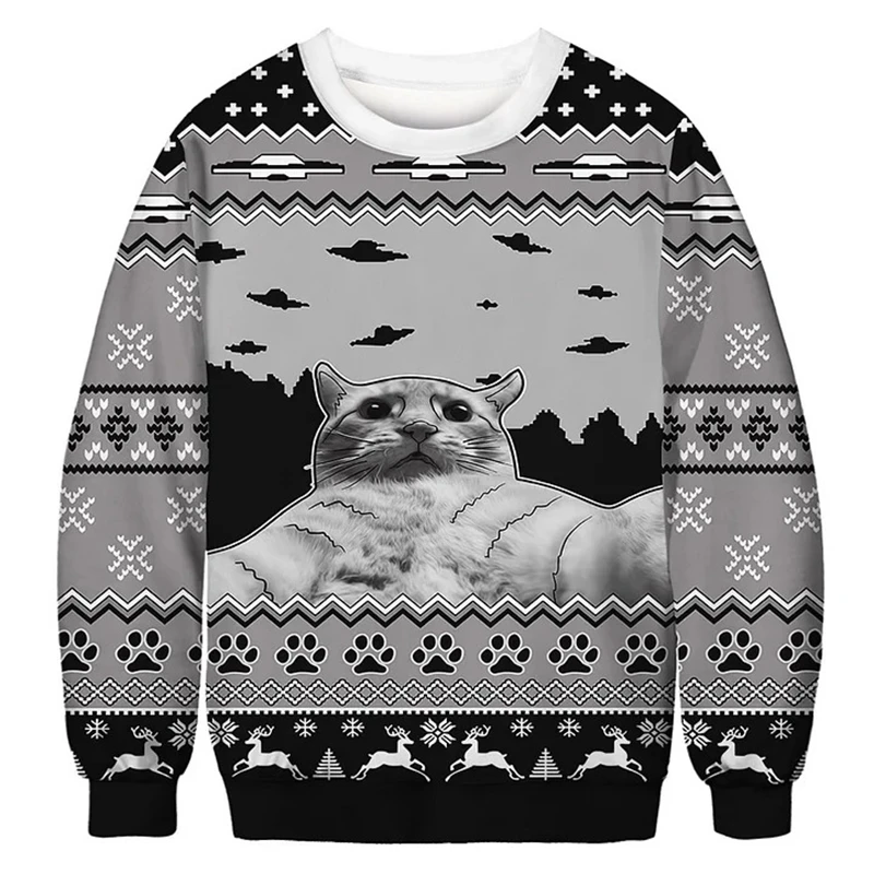 Christmas Cute Cat Sweatshirt 3D Printing Pattern Crew Neck Pullover Sweatshirt Harajuku Fashion Hip Hop Streetwear Hoodies