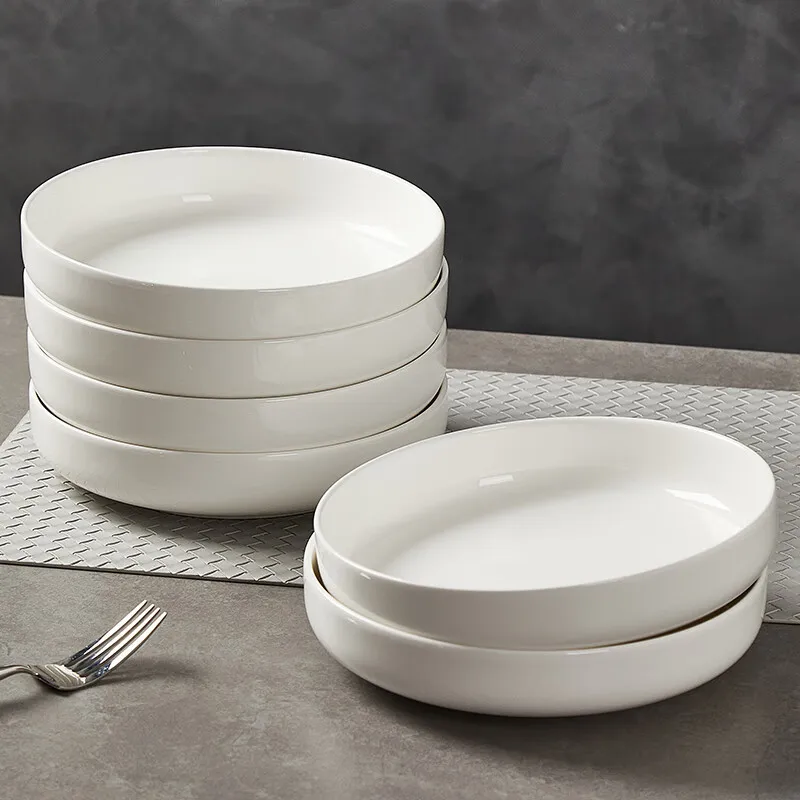 White 8-inch Deep Ceramic Plate, Durable, Heat-Resistant up to 500°F, Stackable and Space-Saving