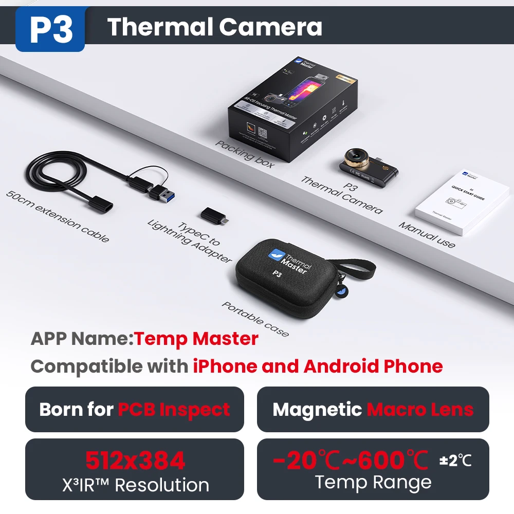 P3 Thermische Camera voor ios iPhone en Android Telefoon Macro Lens 512*384X3IR Resolutie PCB Printplaat telefoon Reparatie 600 ℃
