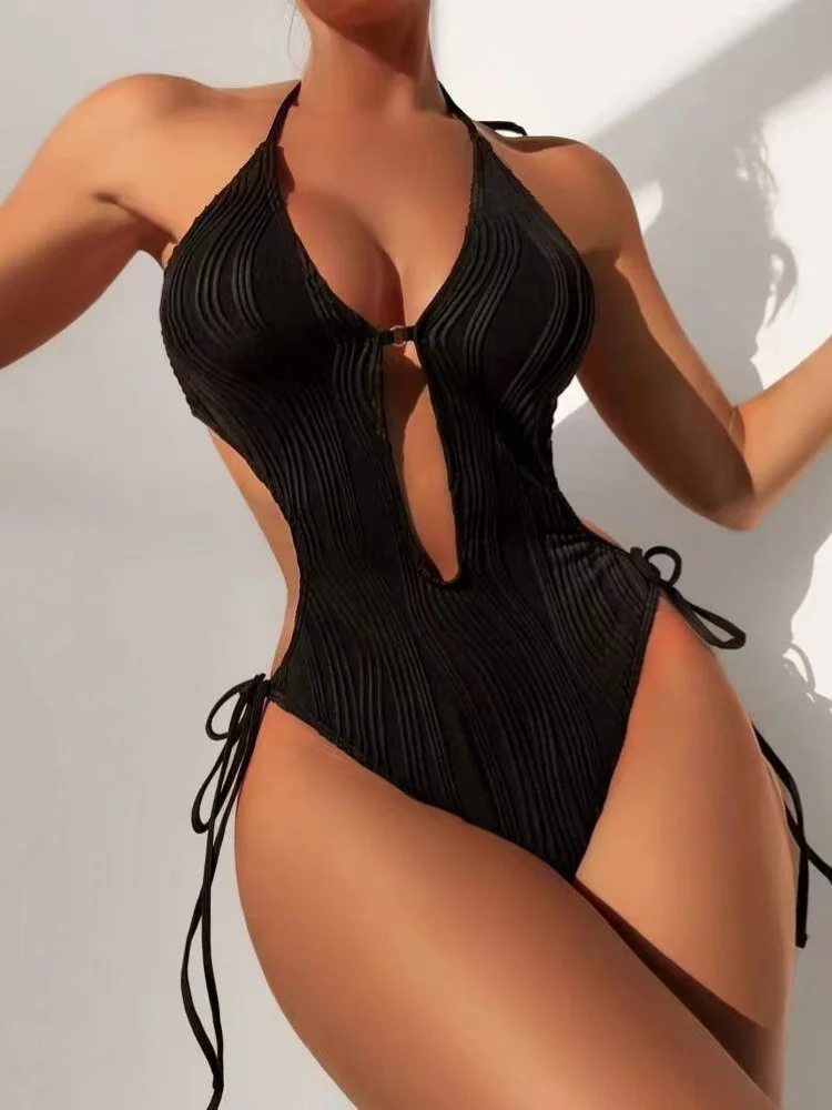 One Piece Swimsuit Women Textured Rib Halter Neck Tie Plunge V Front Cut Out Side Lace Up High Leg Hollow Swimwear