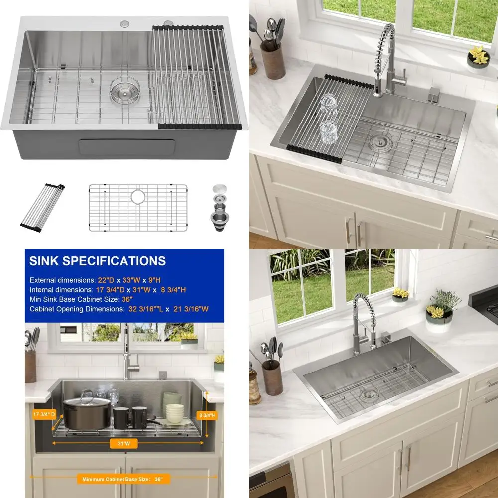 

Кухонная мойка из нержавеющей стали с одинарной чашей, для установки сверху, 33x22x9, 16 калибр, круглая форма