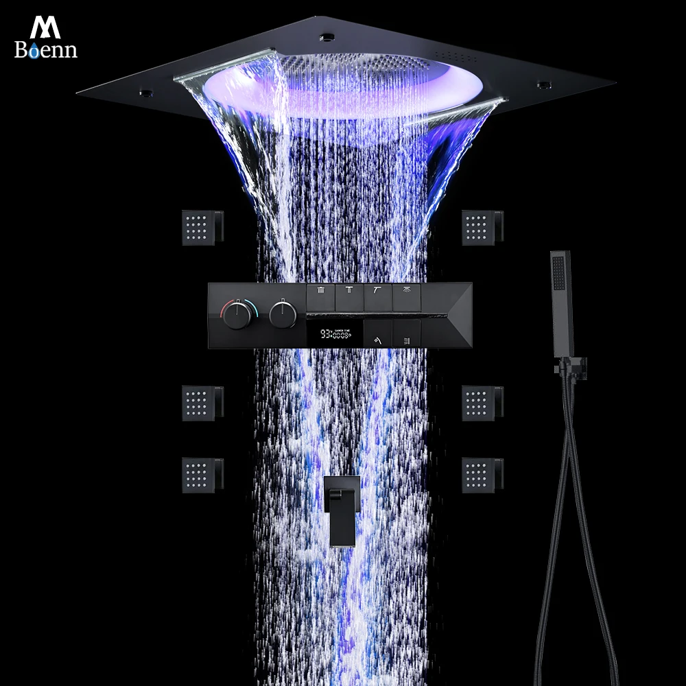 

M Boenn High-Quality Black Shower System Bathroom Waterfall Faucet LED lighting Music Shower Head Large flow Thermostatic Mixer