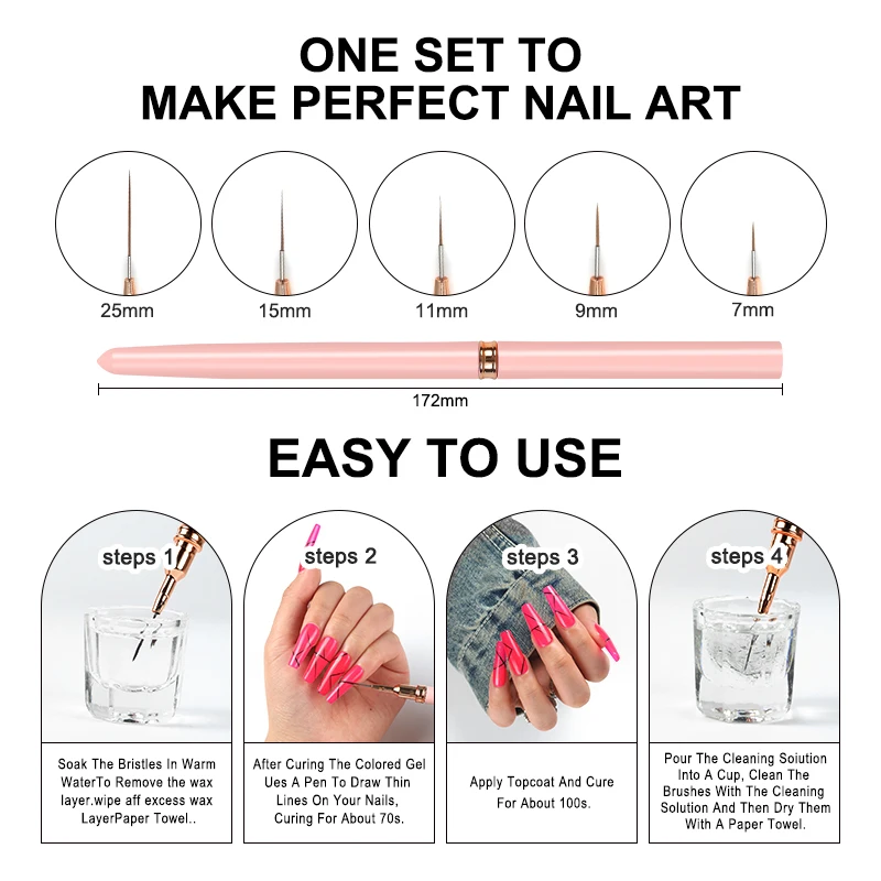 5PCS 7/9/11/15/25mm Nail Art Liner Brushes Kit Nail Gel Polish Brush Set Painting Lines Strips Drawing Nail Design Pen Tool