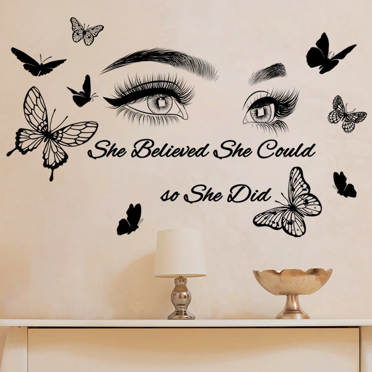 2pcs English Slogan Eyes Butterfly Cartoon Wall Sticker Background Wall Kitchen Living Room Study  Decoration Mural Wall Sticker