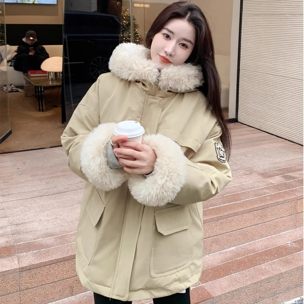 

2025 Army Green Lamb Wool Liner Cotton Padded Winter Jacket Hooded Women's Clothes Fashion Korean Style Puffer Jacket Coat