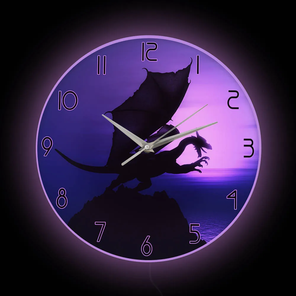 

Flying Evil Dragon Dungeons Printed Wall Clock With LED Light Medieval Fantasy Home Deco Luminous Wall Watch Dragons Gamer Gift