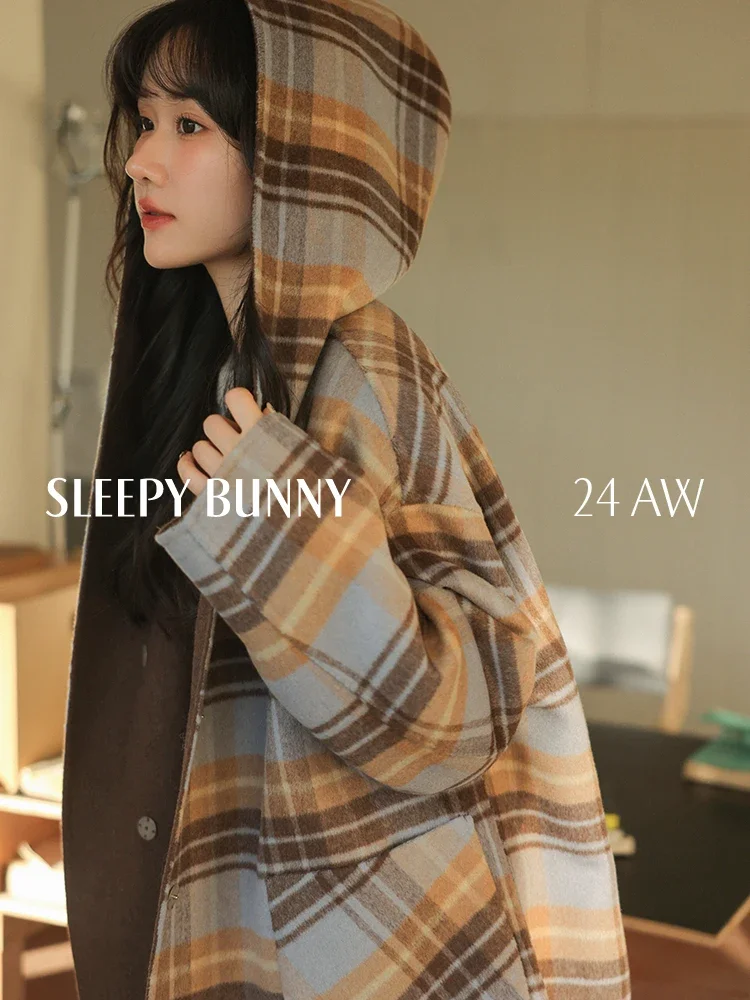 Reversible Wool Plaid Hooded Coat Women Winter Casual Loose Double-Faced Overcoat Elegant Warm Fashion Outerwear 2025 Trend