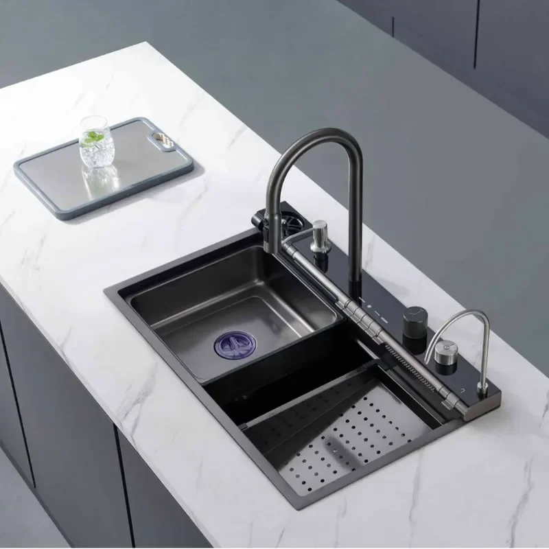 for 304 Stainless Steel Kitchen Sink Intelligent Digital Display Large Single Bowl Multifunctional Flying Rain Waterfall