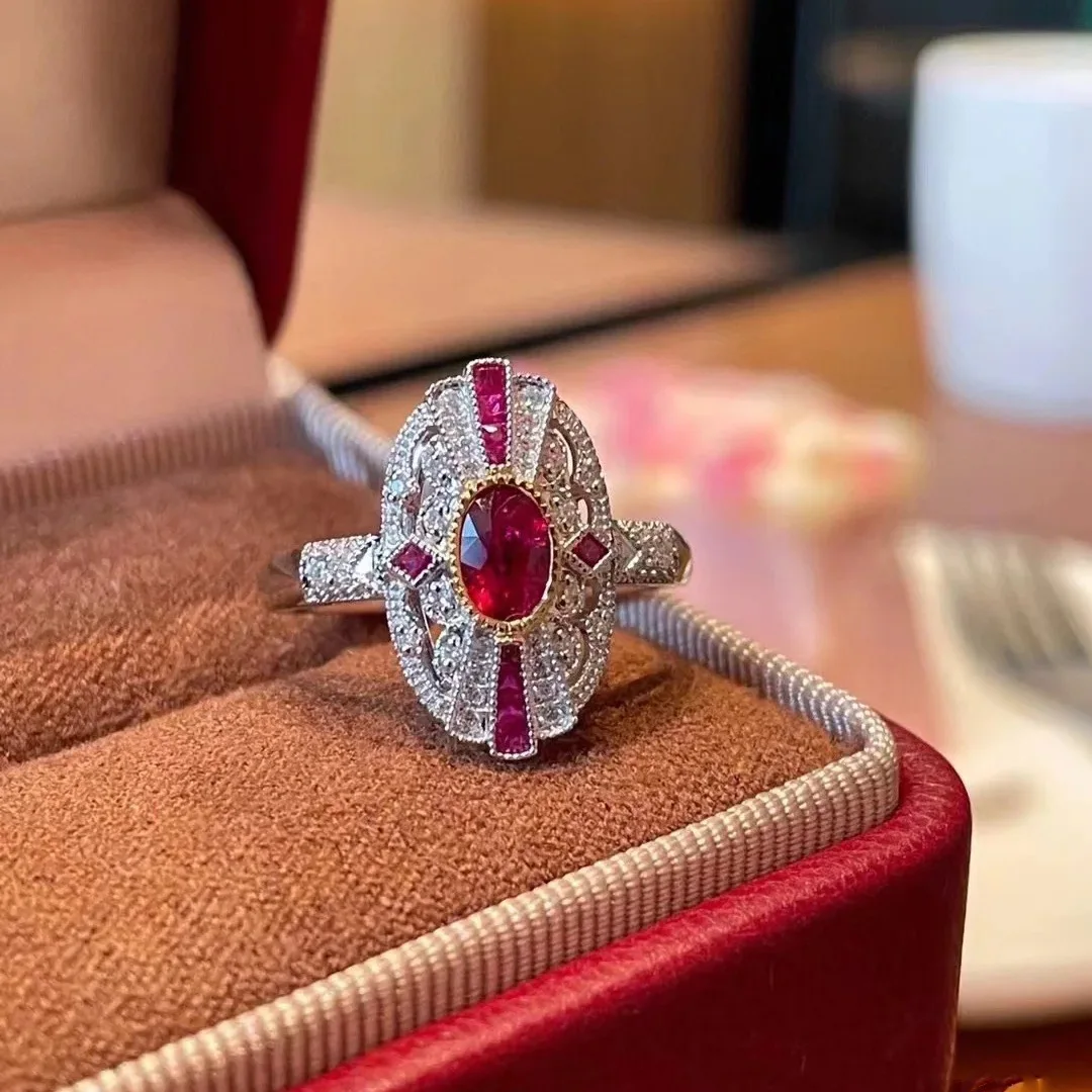 Foydjew Vintage Edward Artdeco desain dua warna cincin emas bertatahkan simulasi merpati darah merah Ruby cincin korundum merah untuk wanita