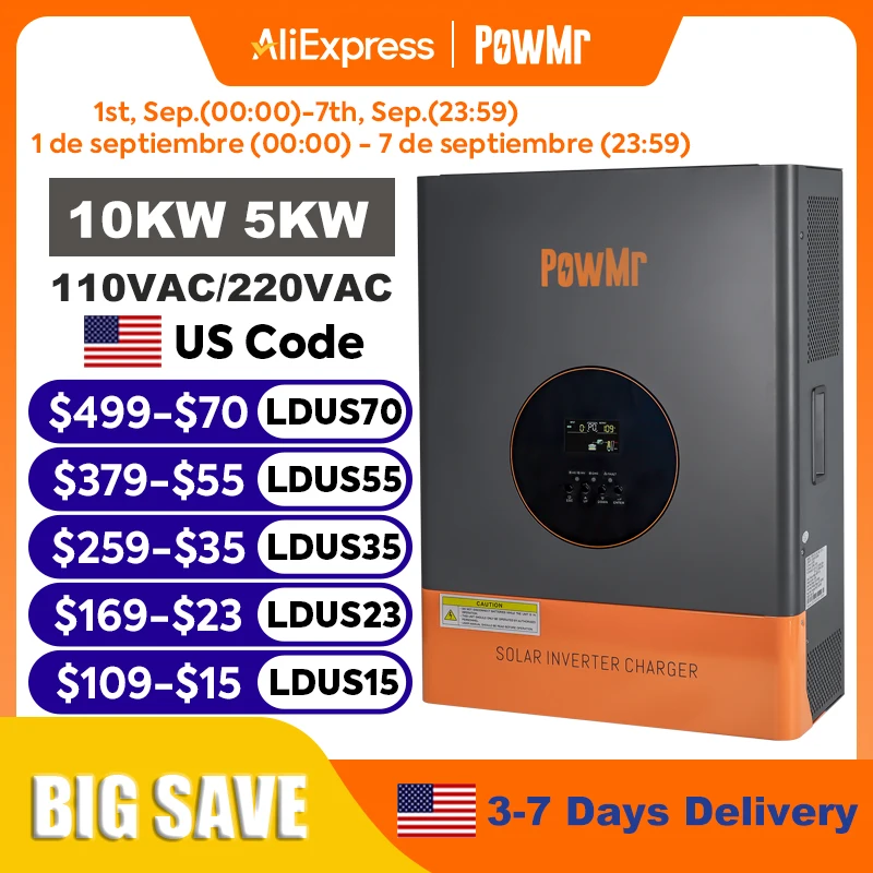 PowMr 10KW 5KW Split Phase Inverter 48V 110V or 220V Low Frequency Inverter Off Grid with MPPT 120A Solar Battery Charger Max PV 245V