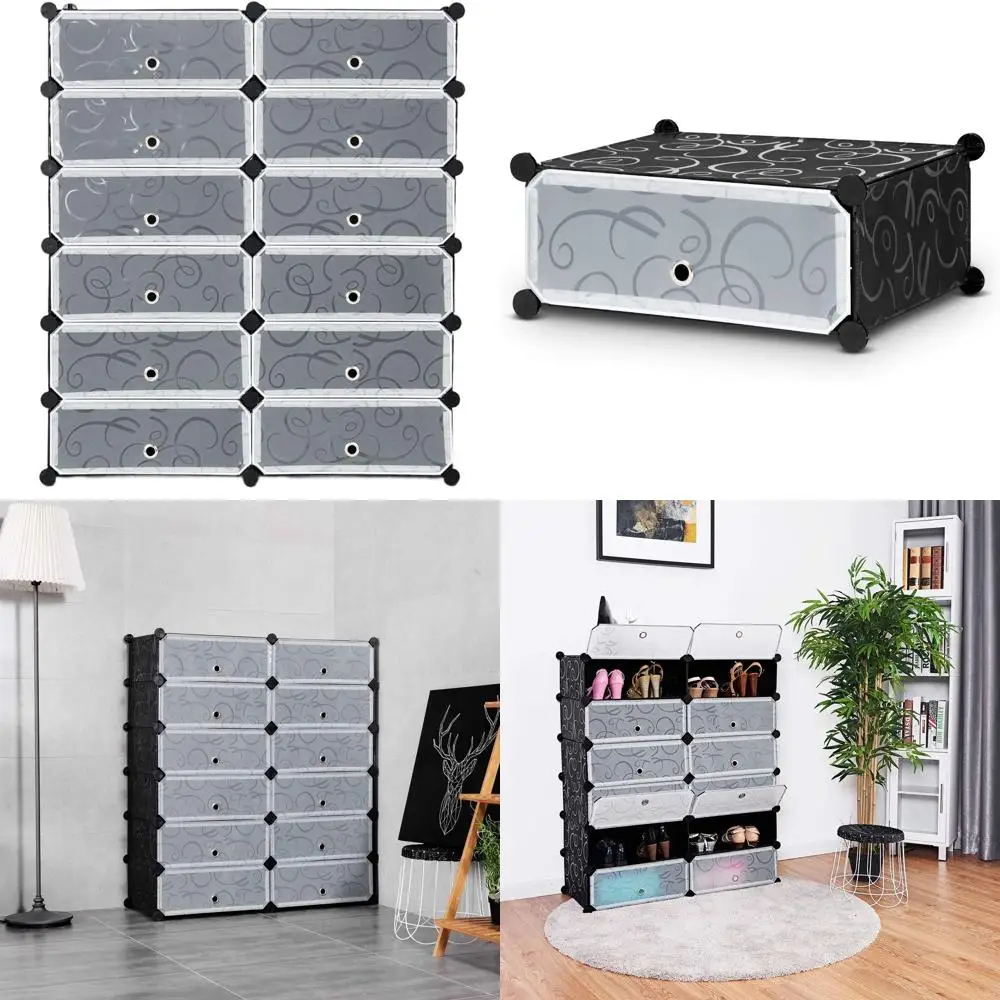

12-Cube Modular Plastic Shoe Rack Organizer with 6-Tier Shelves and Transparent Doors, DIY Design for 24 Pairs Shoes (Black)