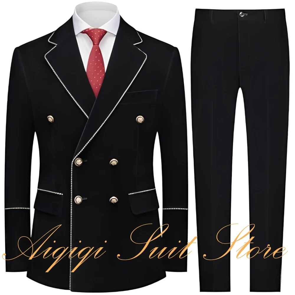 

Men's 2 Piece Velvet Suit Double Breasted Jacket Slim Fit Set Gold Buttons Suits Party Tuxedo Casual Formal Men Suits