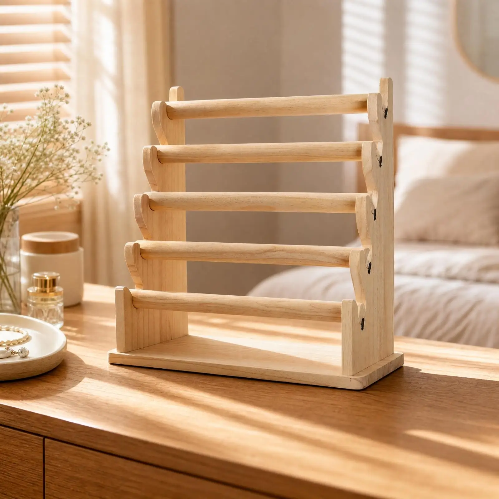 Wooden Jewelry Organizer Natural Wood Jewelry Display Stand Hair Accessory Display Desktop Bracelet Holder Rack Space-Saving