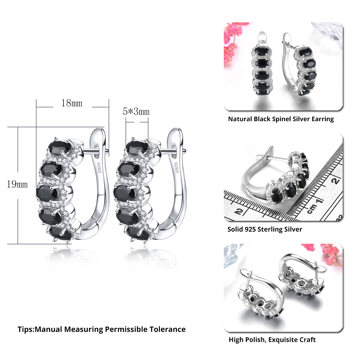 Natural Black Spinel Solid Sterling Silver Rhodium Plated Hoop Earring 2.48 Carats Genuine Gemstone Classic Fine Jewelrys