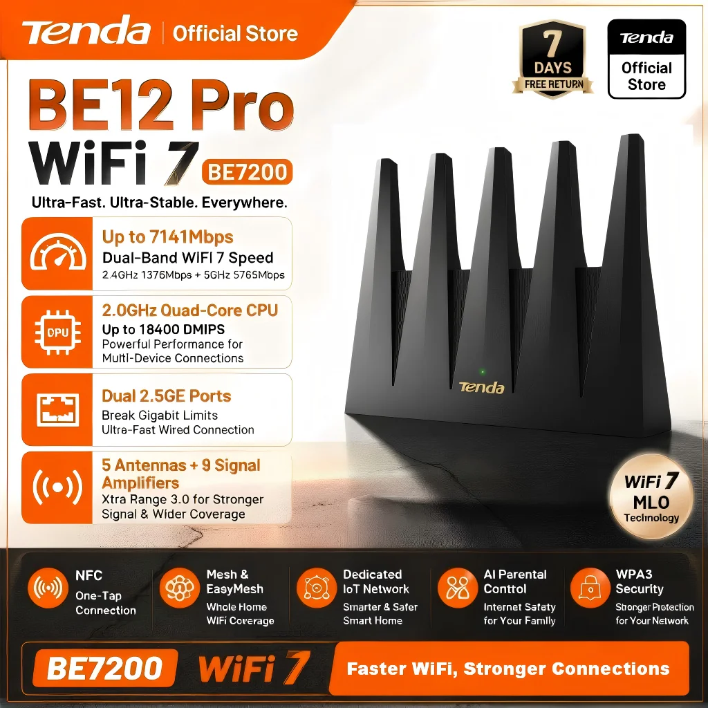Tenda BE12 Pro WiFi 7 Router BE7200 7141Mbps Dual Band Dual 