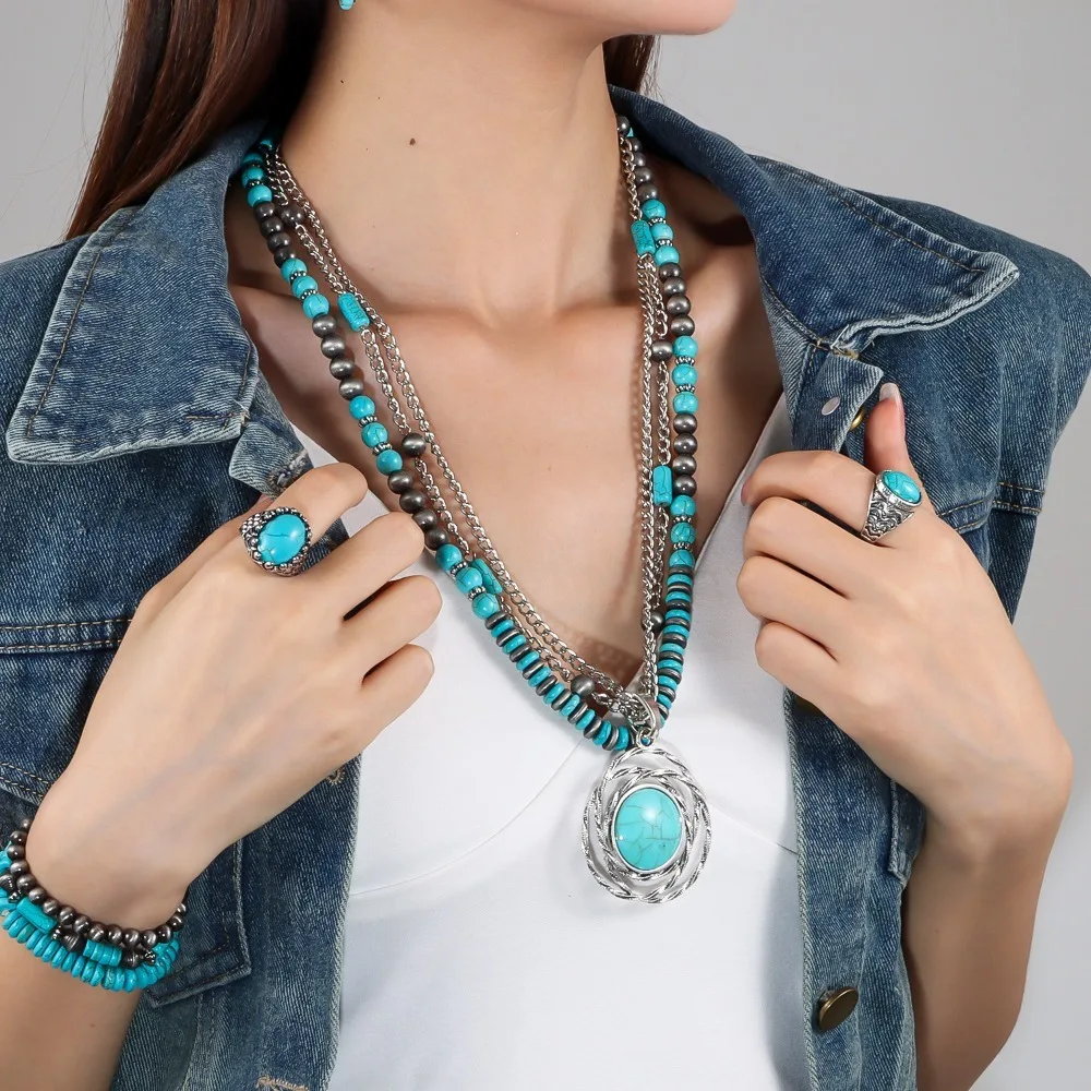 Bead Multilayer Turquoise Necklace Cactus Ethnic Style Western Country Necklace Pendant Stacked Bohemian Style Clavicle Chain