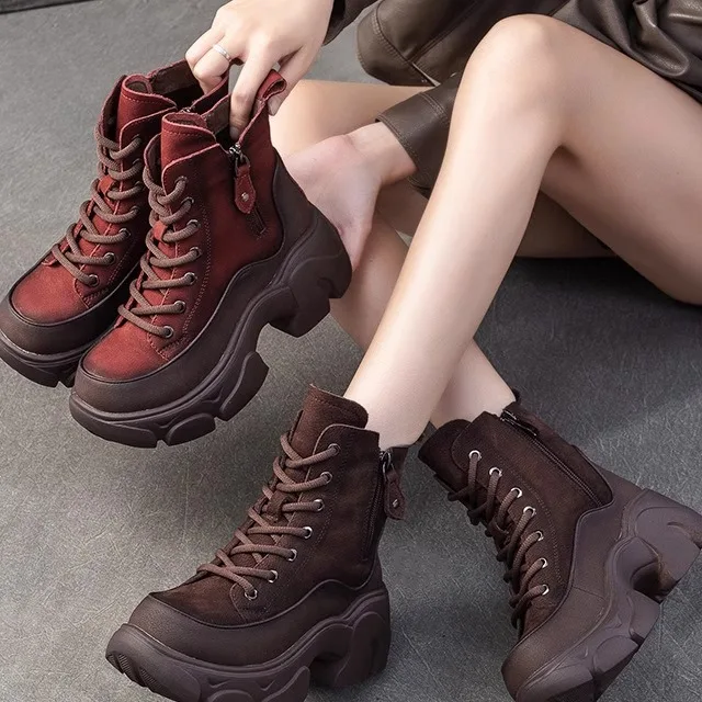 

Genuine Leather Boots Roman Style Winter High Top Boots Thickened mid Heel round Toe Composite Bottom for Short Women