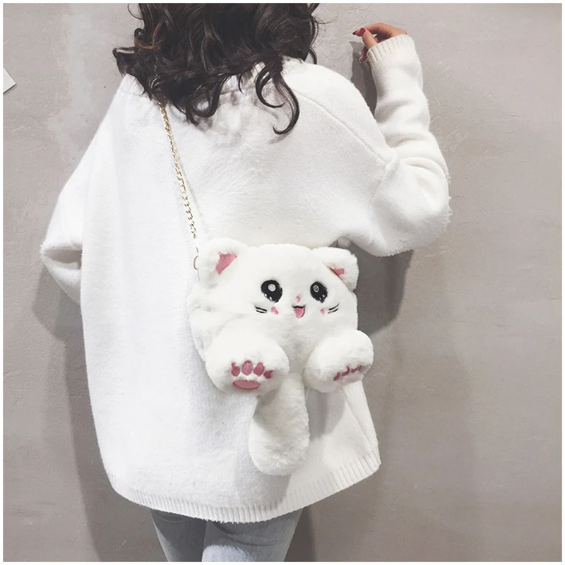 Cute Cartoon Plush Doll Bag Student Backpack Girl Chain Single Shoulder Crossbody Bag Soft  Furry Cat Messenger Bag Purse