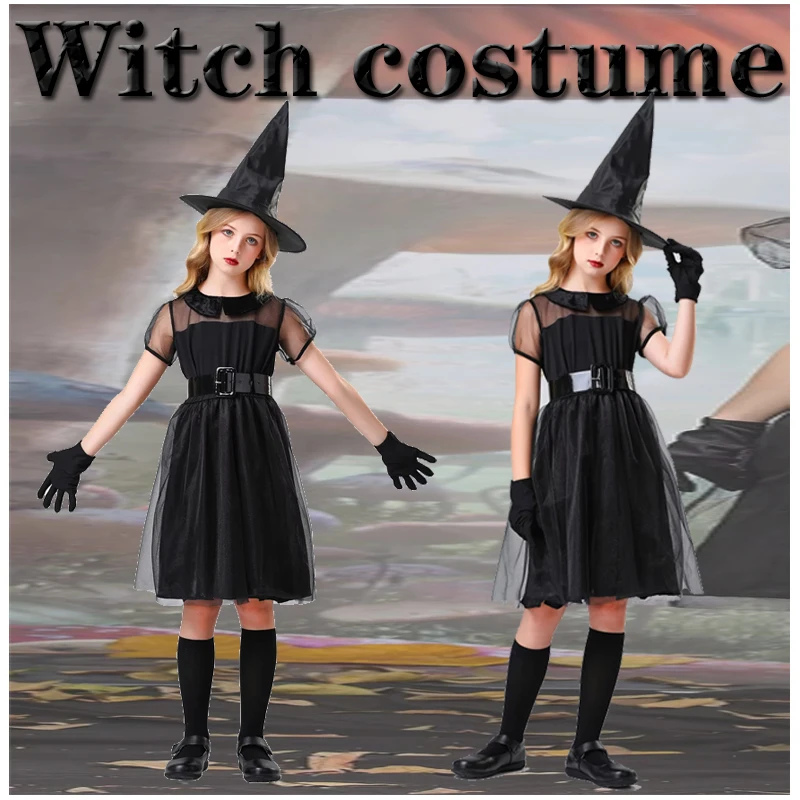 魔女コスチューム、魔女ロールプレイングコスチューム、女性用黒ドレス、帽子、ハロウィーンカーニバルパーティーコスチューム