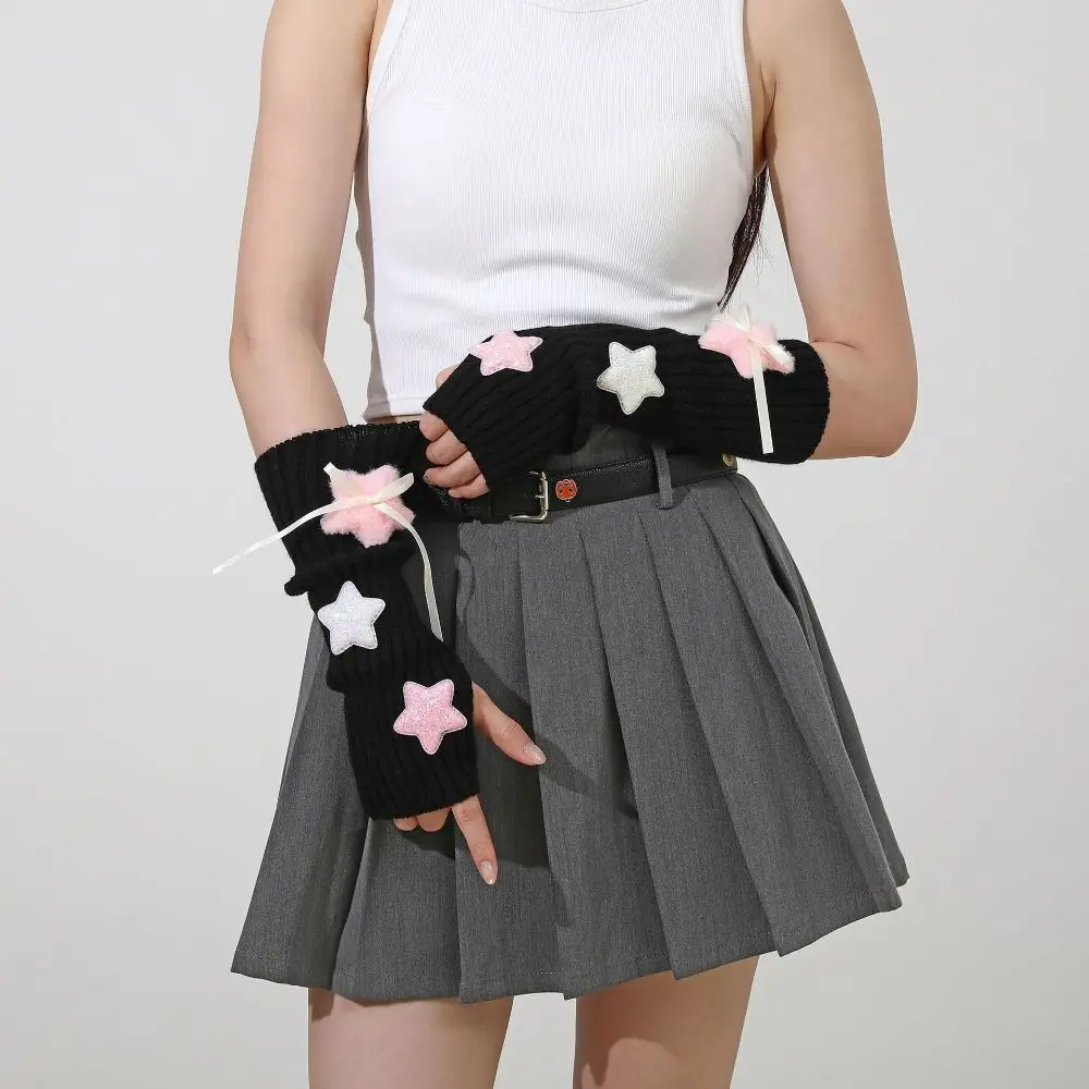 Fashion Y2K Long Wrist Gloves Thicken Stars Arm Warmers Soft Solid Color Half Finger Gloves Women