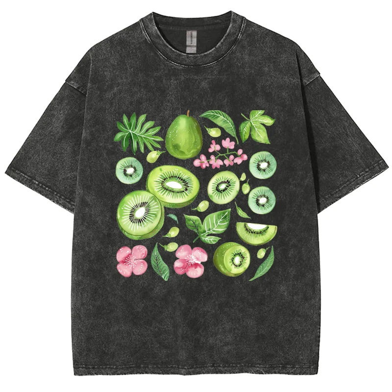 

Fruit Flower Graphic Washed Tshirt Women Oversized O-neck T-shirt Hip Hop Street Male Female Sleeve College Couple Tee y2k Tops