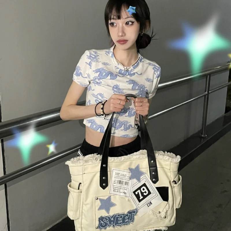 Gwiezdne litery frędzle w stylu Vintage torby płócienne japońska torba pod ramię Harajuku o dużej pojemności damska estetyczna torebka Y2k