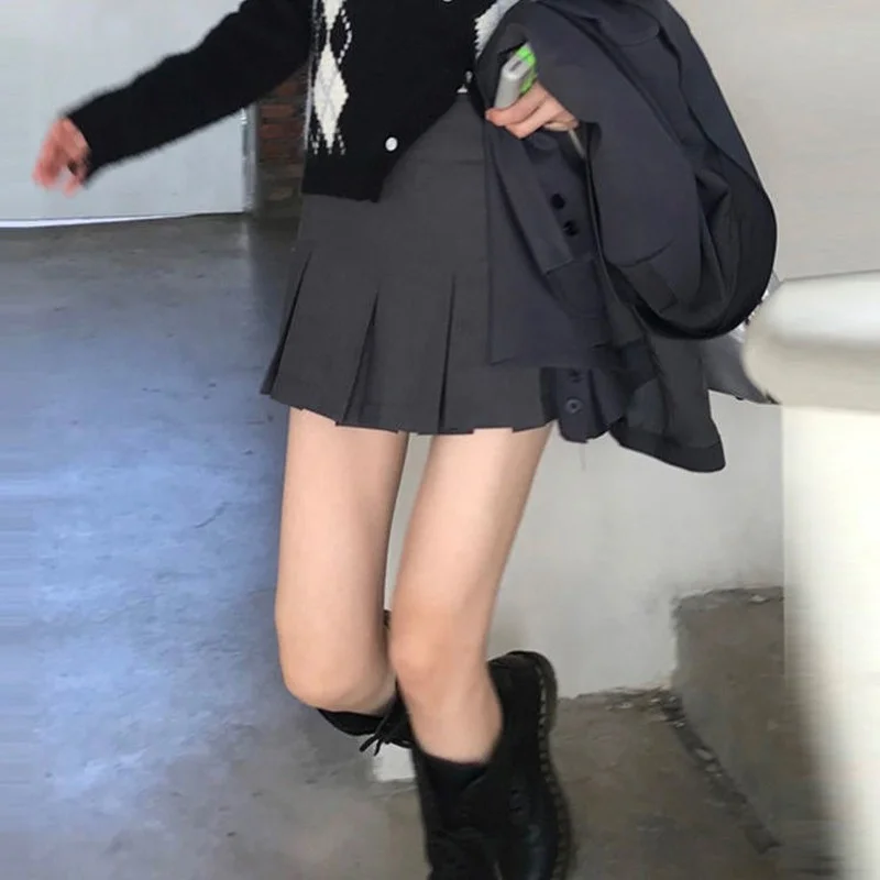

Korean Fashion Gray Pleated Skirt Women Vintage Cute High Waist Sexy Mini Skirts Kawaii Preppy Style Summer Streetwear